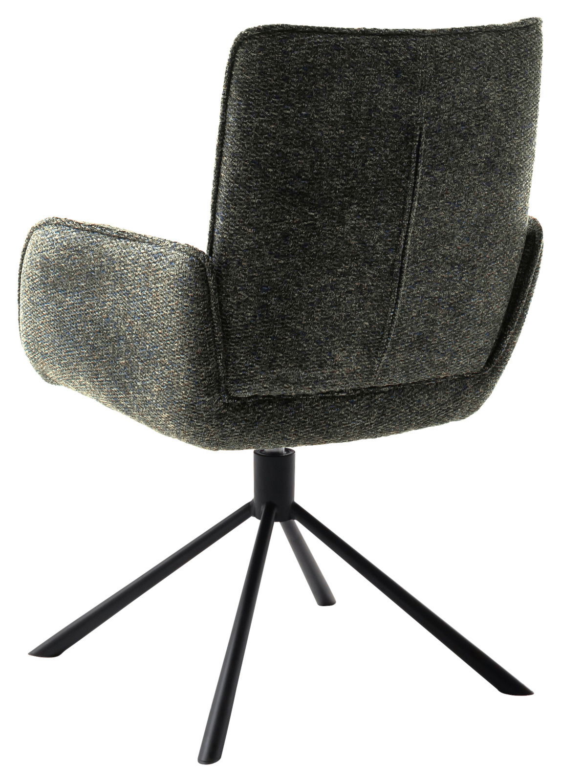 Rückansicht eines modernen Armlehnstuhls mit schwarzem Metallgestell und dunkelgrauem Stoffbezug.