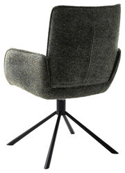 Rückansicht eines modernen Armlehnstuhls mit schwarzem Metallgestell und dunkelgrauem Stoffbezug.