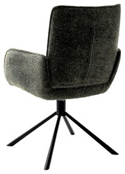 Rückansicht eines modernen Armlehnstuhls mit schwarzem Metallgestell und dunkelgrauem Stoffbezug.