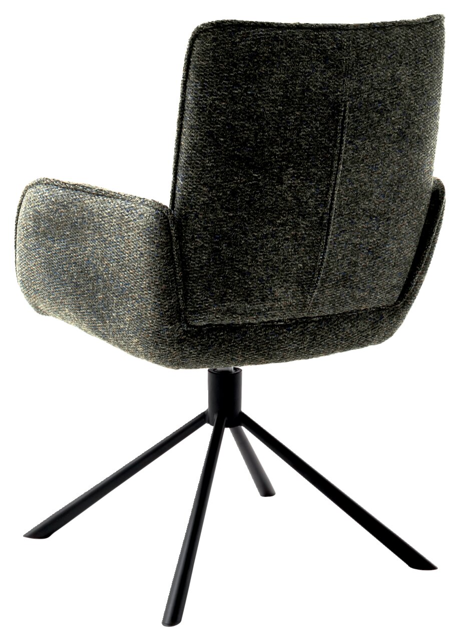 Achterkant van een moderne fauteuil met een zwart metalen frame en een donkergrijze stoffen bekleding.