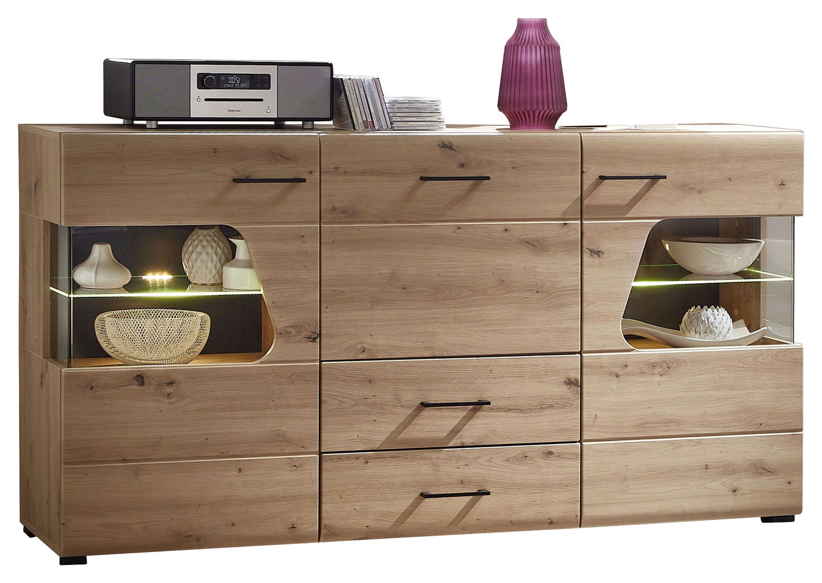 Modernes Sideboard aus Holz mit Glasvitrinen, dekoriert mit Vasen und Schalen, frontal betrachtet.