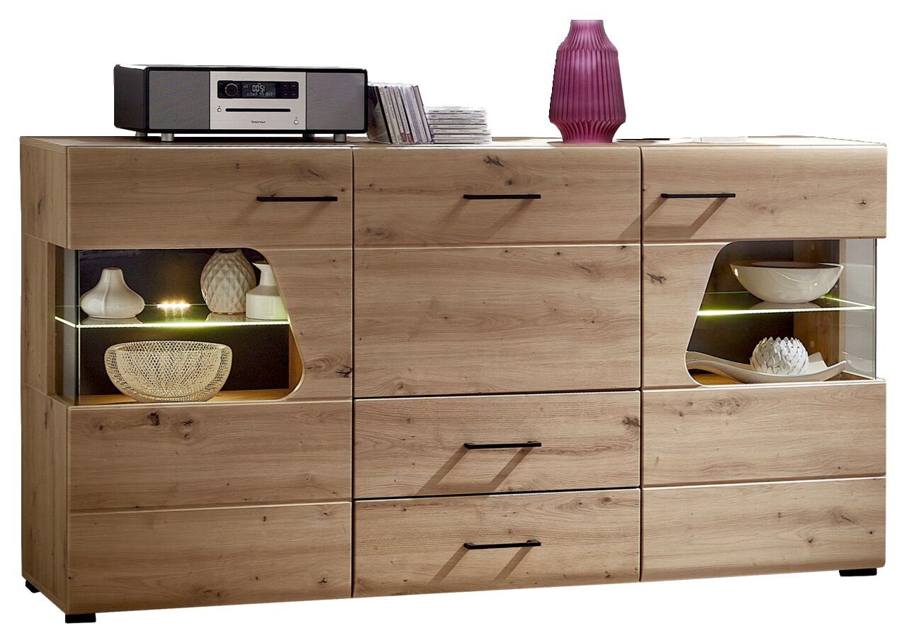 Modernes Sideboard aus Holz mit Glasvitrinen, dekoriert mit Vasen und Schalen, frontal betrachtet.