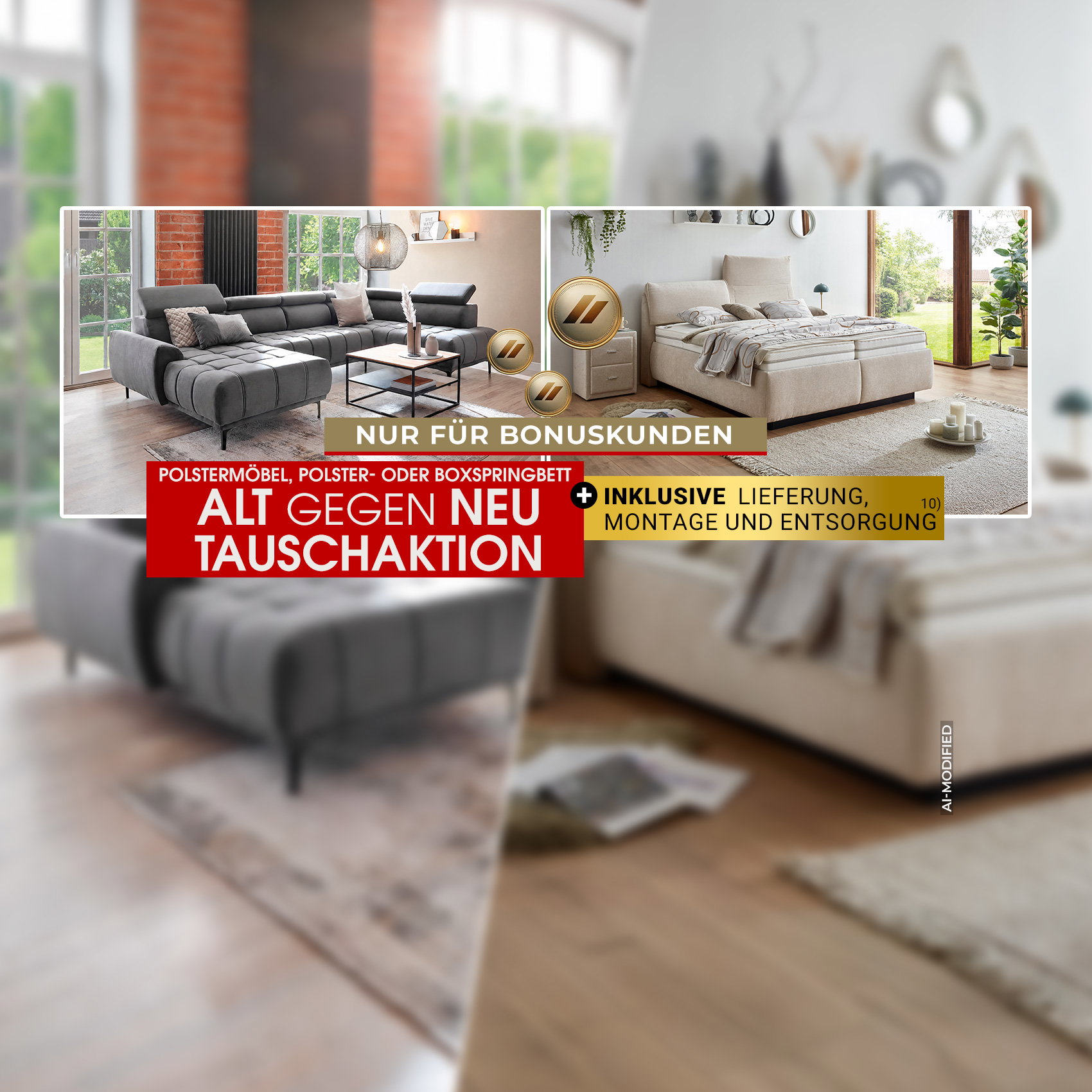 Alt-gegen-Neu-Tauschaktion für Polstermöbel und Boxspringbetten mit Lieferung, Montage und Entsorgung. KI-generiert.