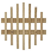Garderobenpaneel aus Holz mit vertikalen und horizontalen Streben, frontal betrachtet.