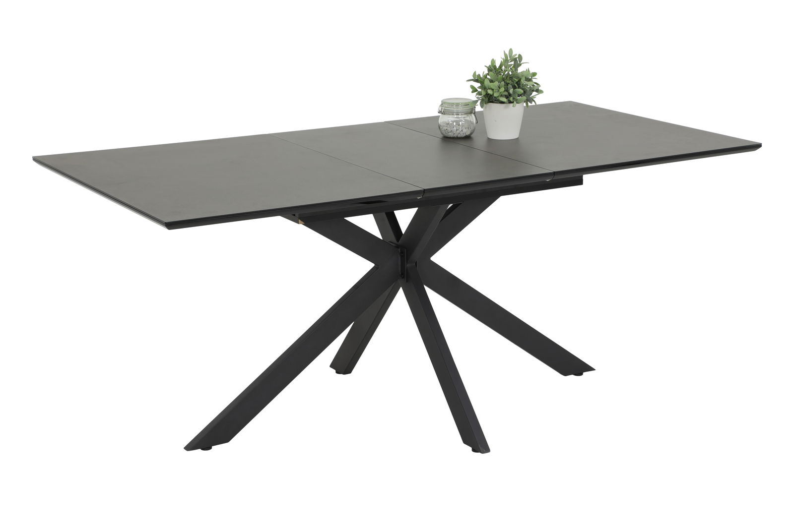 Moderner schwarzer Esstisch mit X-förmigem Metallgestell, seitliche Perspektive