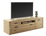 TV-Element aus Holz mit Schubladen und Fächern, seitliche Perspektive