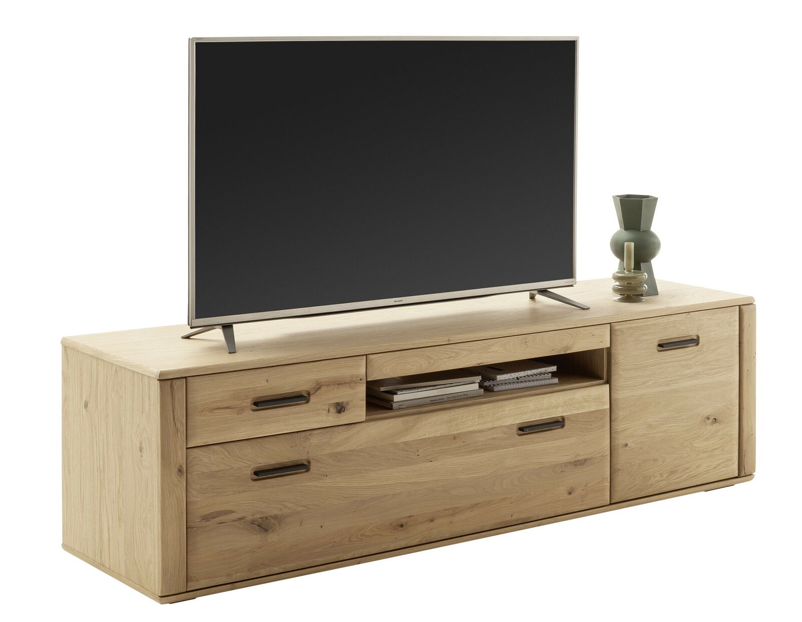 TV-Element aus Holz mit Schubladen und Fächern, seitliche Perspektive