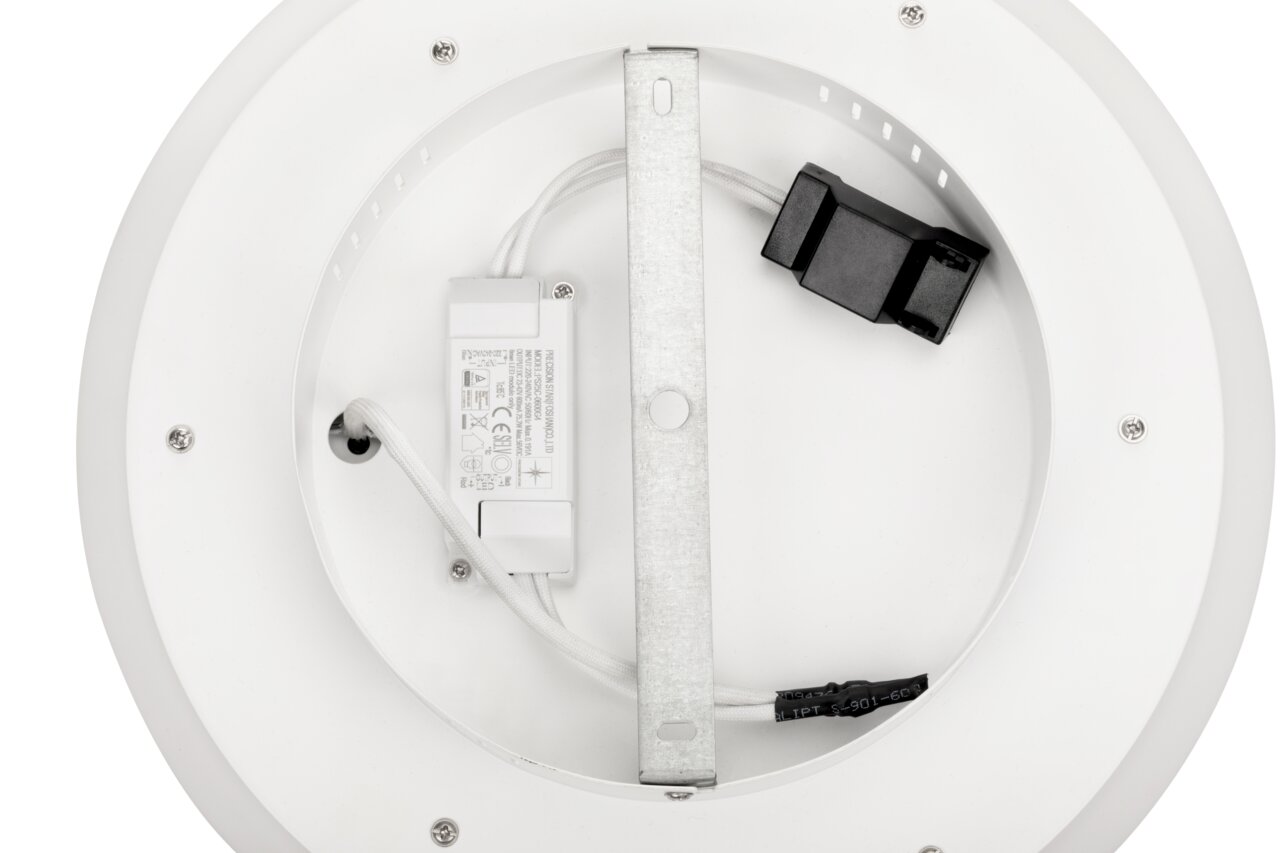 Rückansicht einer runden LED-Deckenleuchte mit sichtbarer Verkabelung und Montagehalterung.