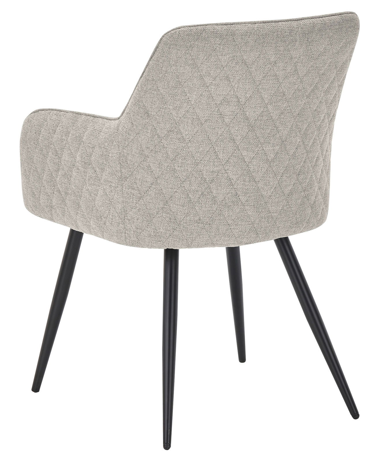 Rückansicht eines grauen Armlehnstuhls mit schwarzem Metallgestell und gestepptem Stoffbezug