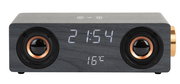 Frontansicht eines Radioweckers mit Bluetooth-Lautsprecher, Holzoptik, zwei Lautsprechern und digitaler Uhranzeige.