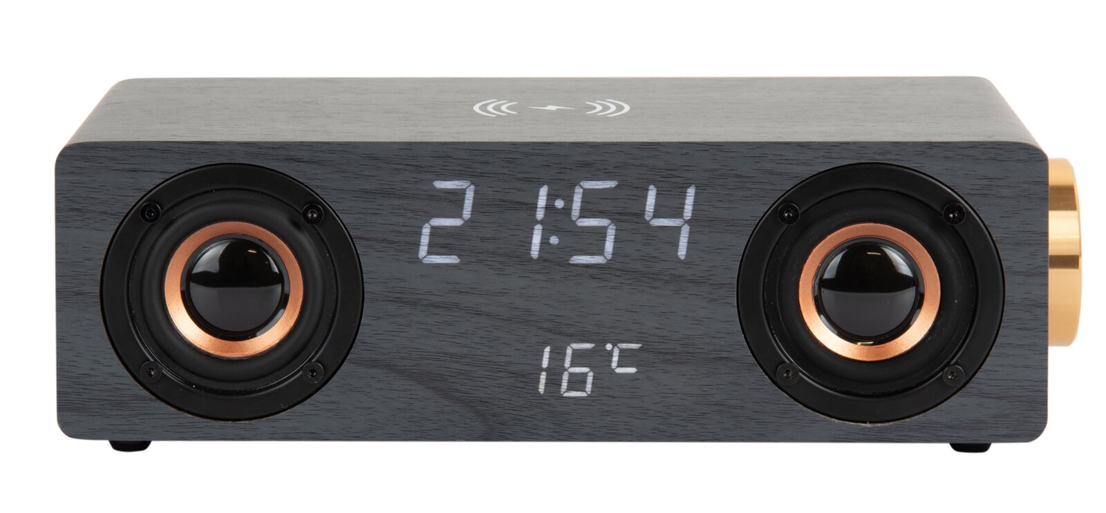 Vooraanzicht van een wekkerradio met Bluetooth-luidspreker, houtlook, twee luidsprekers en een digitaal uurwerk.