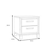 Skizze einer Nachtkonsole mit zwei Schubladen, perspektivisch von vorne links dargestellt, Maße: 49,3 cm hoch, 49,4 cm breit, 41,5 cm tief.