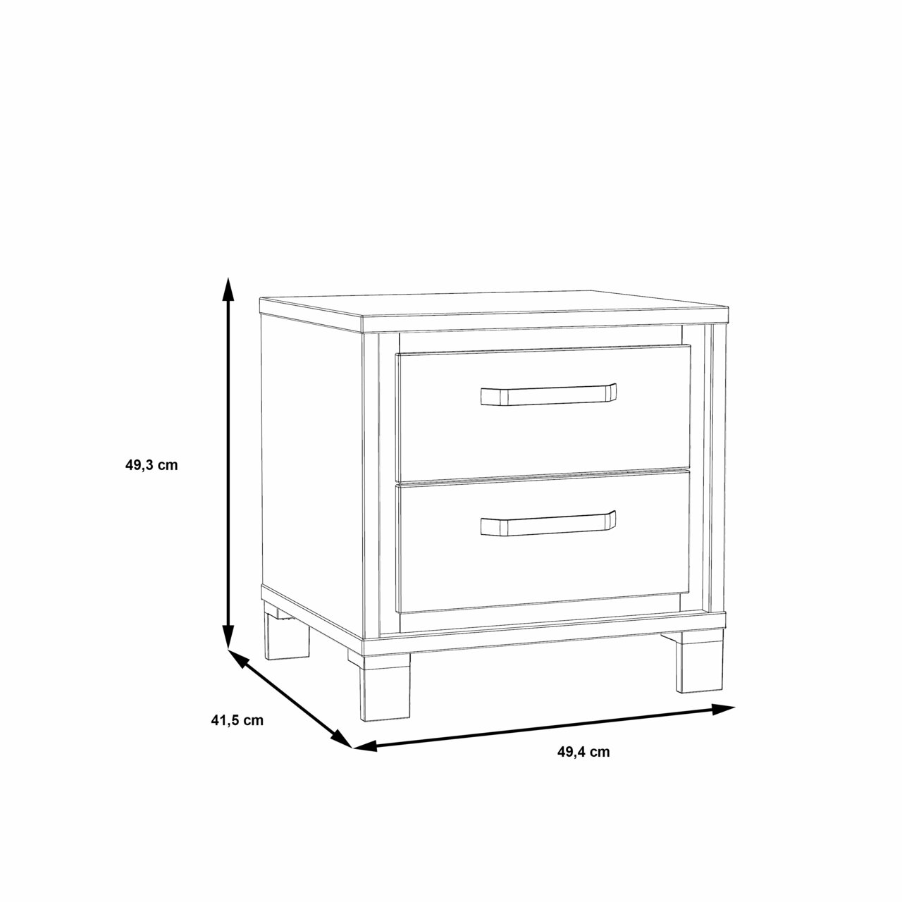 Skizze einer Nachtkonsole mit zwei Schubladen, perspektivisch von vorne links dargestellt, Maße: 49,3 cm hoch, 49,4 cm breit, 41,5 cm tief.