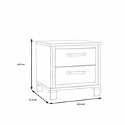 Skizze einer Nachtkonsole mit zwei Schubladen, perspektivisch von vorne links dargestellt, Maße: 49,3 cm hoch, 49,4 cm breit, 41,5 cm tief.