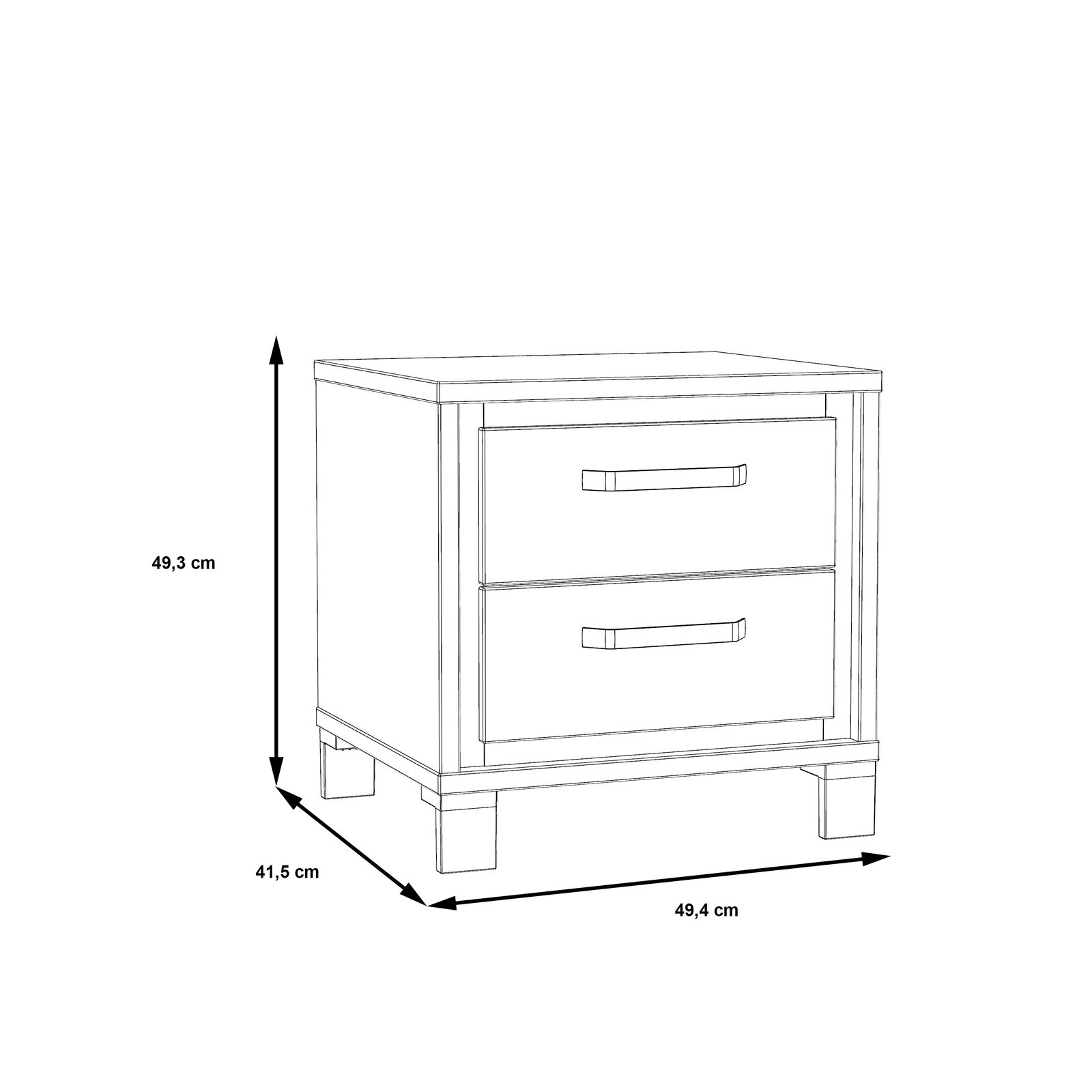 Skizze einer Nachtkonsole mit zwei Schubladen, perspektivisch von vorne links dargestellt, Maße: 49,3 cm hoch, 49,4 cm breit, 41,5 cm tief.