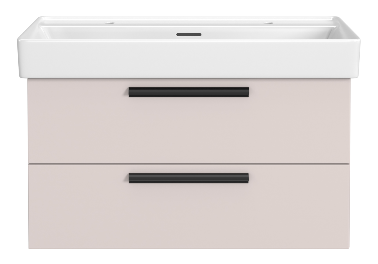 XORA Waschtisch-Set für 2 Armaturen VANNES Frontansicht eines modernen Waschtisch-Sets mit zwei Schubladen und Platz für zwei Armaturen, in elegantem Design.