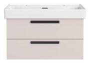 Frontansicht eines modernen Waschtisch-Sets mit zwei Schubladen und Platz für zwei Armaturen, in elegantem Design.