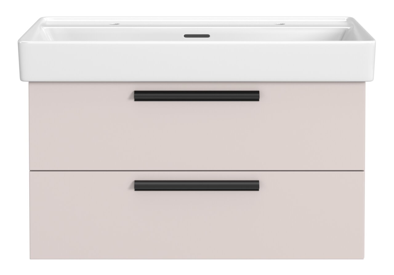 Frontansicht eines modernen Waschtisch-Sets mit zwei Schubladen und Platz für zwei Armaturen, in elegantem Design.