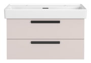 Frontansicht eines modernen Waschtisch-Sets mit zwei Schubladen und Platz für zwei Armaturen, in elegantem Design.
