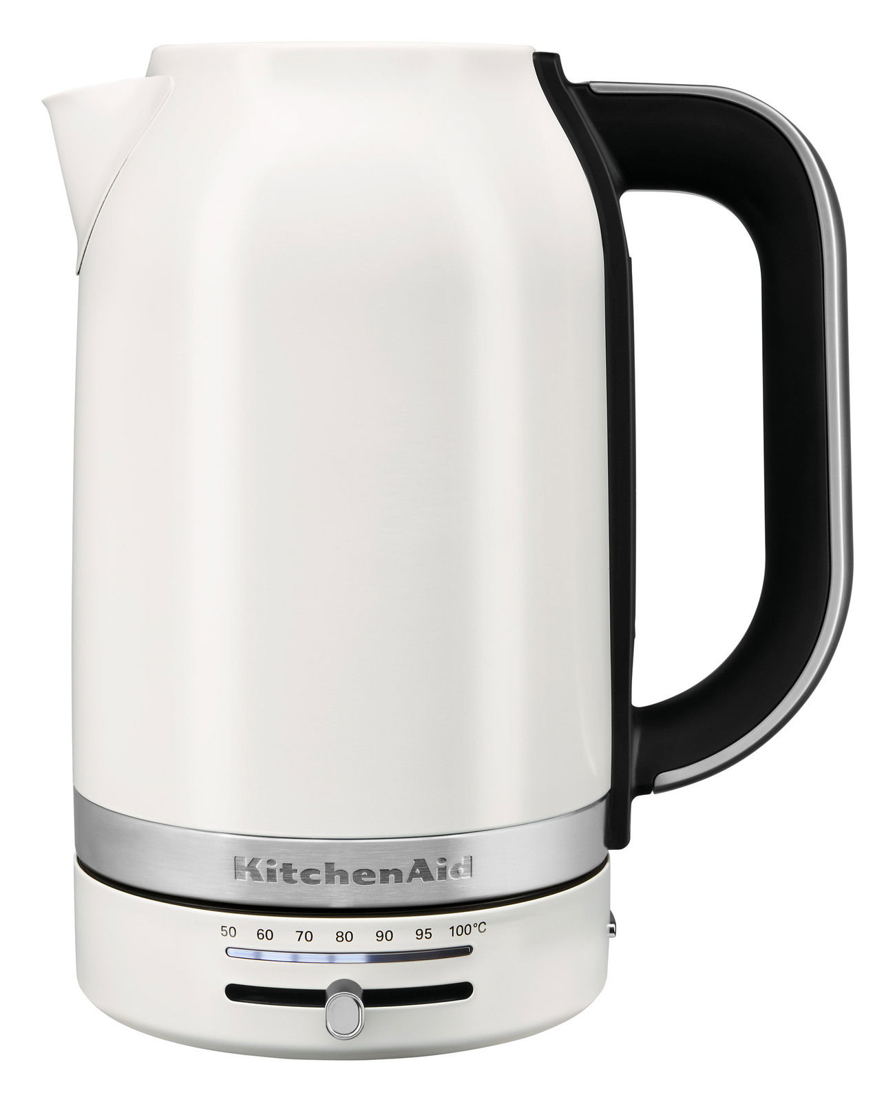 KitchenAid Wasserkocher 1,7 l Monochrome 5KEK1701EPL Weißer Wasserkocher mit schwarzem Griff und Temperaturanzeige, seitliche Perspektive