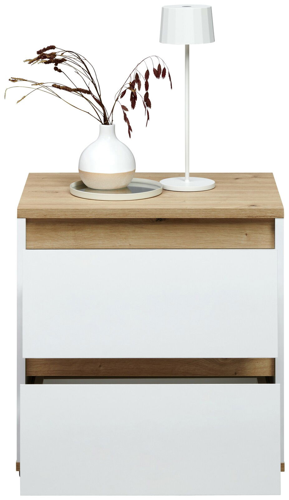 Nachtkommode mit zwei Schubladen in Weiß und Holzoptik, dekoriert mit einer weißen Vase und einer modernen Tischlampe, Frontalansicht