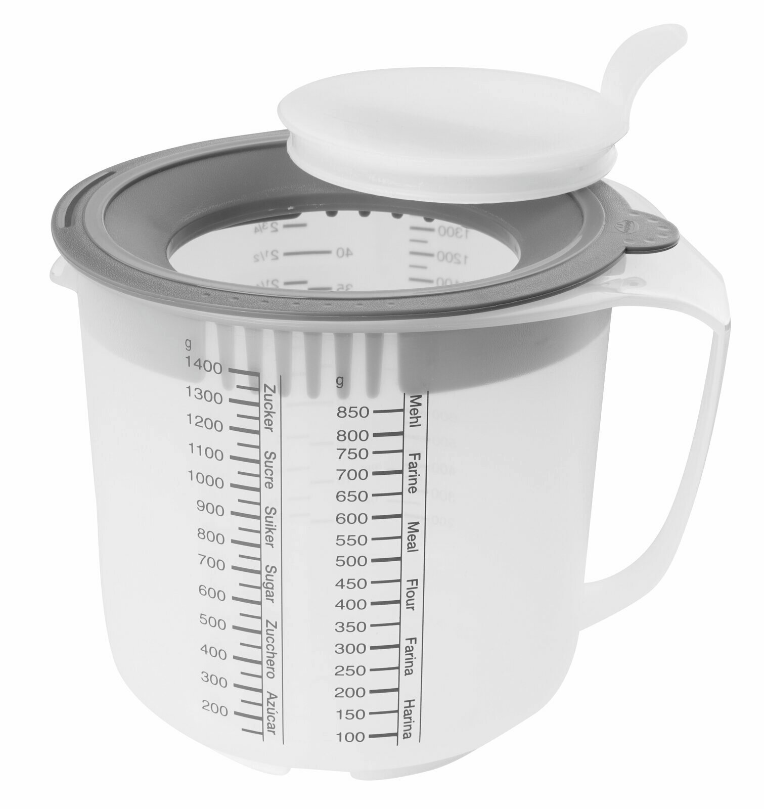 Dr. Oetker Messbecher 1,4l Messbecher 1,4L mit Skala für Zucker und Mehl, seitliche Perspektive