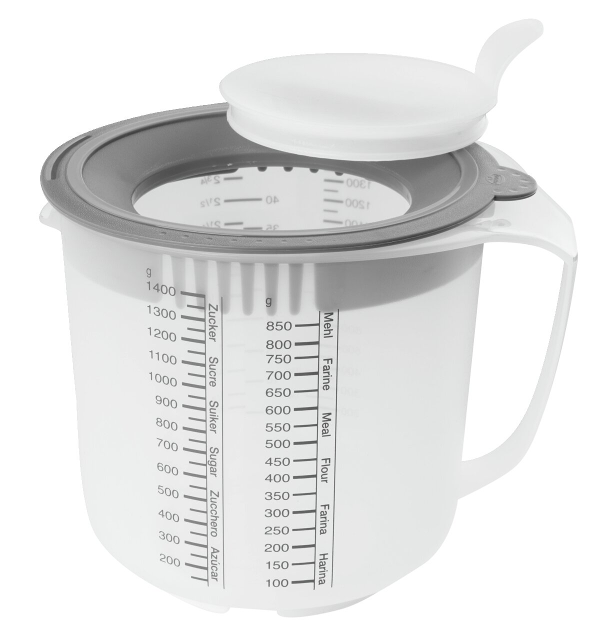 Messbecher 1,4L mit Skala für Zucker und Mehl, seitliche Perspektive