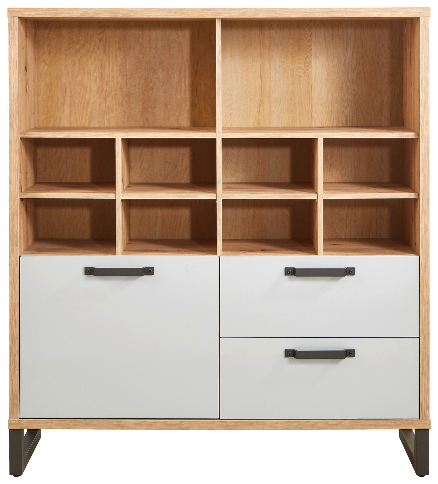 Frontansicht eines Multifunktionsregals mit offenen Fächern und Schubladen in Holzoptik und weißen Fronten.