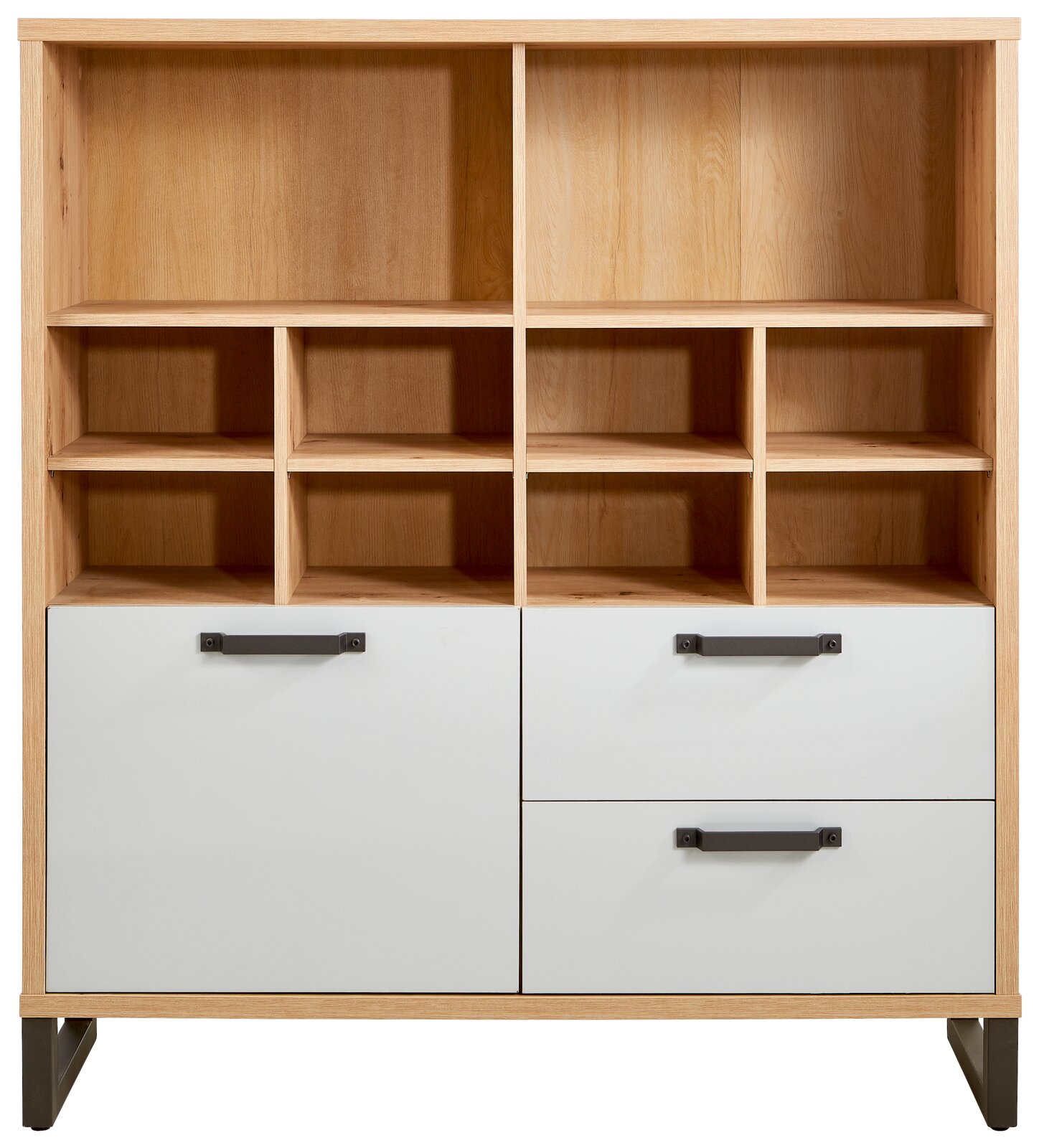 Frontansicht eines Multifunktionsregals mit offenen Fächern und Schubladen in Holzoptik und weißen Fronten.