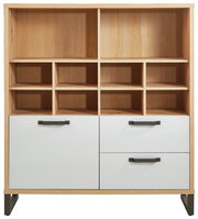 Frontansicht eines Multifunktionsregals mit offenen Fächern und Schubladen in Holzoptik und weißen Fronten.