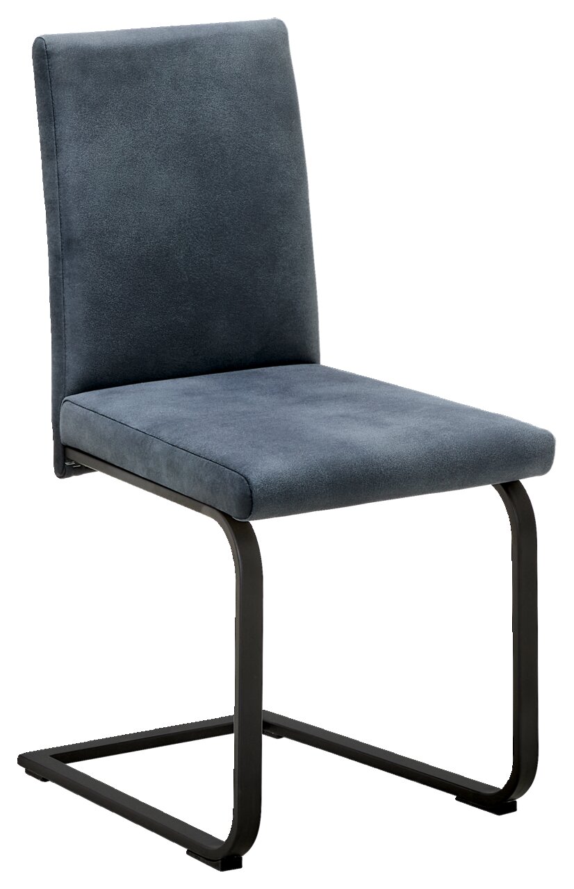 Swingstoel in zijaanzicht met donkergrijze stoffen bekleding en een zwart metalen frame.