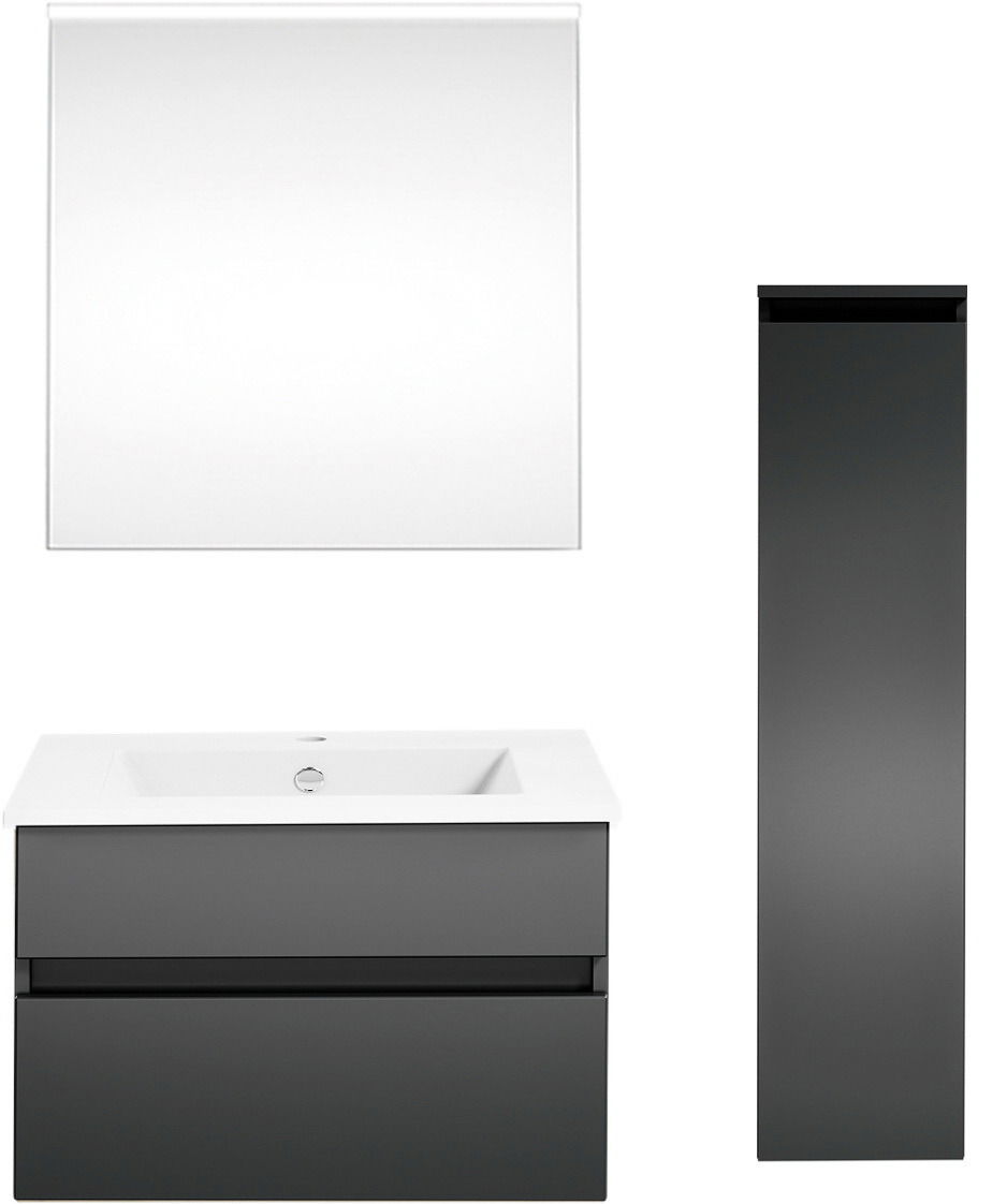 Puris Badkombination GET2YOU 21 Badezimmerkombination bestehend aus einem rechteckigen Spiegel, einem Waschbeckenunterschrank mit zwei Schubladen und einem hohen, schmalen Schrank, alles in modernem, dunklem Design. Frontalansicht.