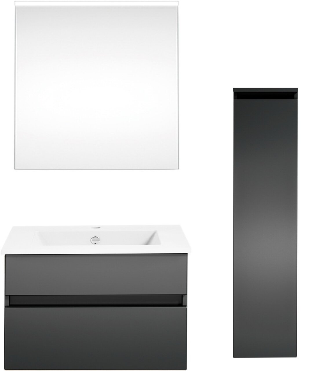 Badezimmerkombination bestehend aus einem rechteckigen Spiegel, einem Waschbeckenunterschrank mit zwei Schubladen und einem hohen, schmalen Schrank, alles in modernem, dunklem Design. Frontalansicht.