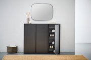Moderner schwarzer Schuhschrank mit geöffneter Tür, der von vorne gezeigt wird. Im Inneren sind mehrere Paar Schuhe sichtbar. Der Schrank steht in einem minimalistischen Raum mit einem Spiegel darüber und Dekorationen darauf.