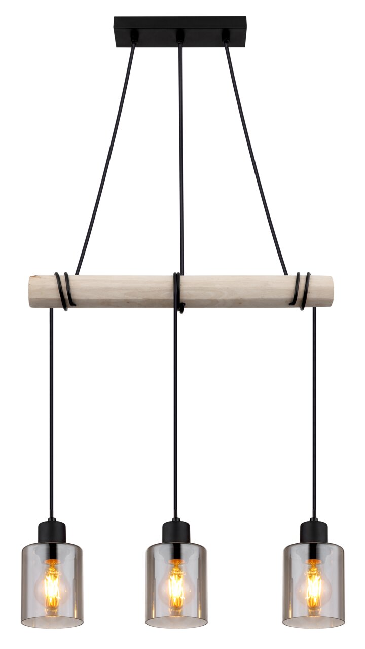 Moderne Hängeleuchte mit drei Glühbirnen, die an einem Holzstab hängen. Frontale Ansicht.