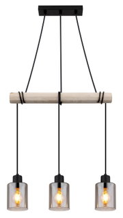 Moderne Hängeleuchte mit drei Glühbirnen, die an einem Holzstab hängen. Frontale Ansicht.