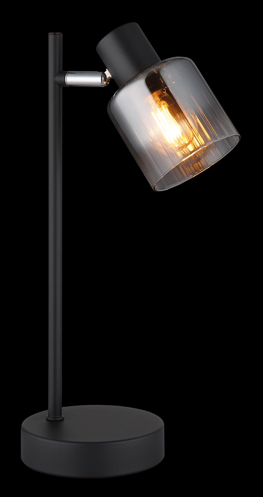 Moderne Tischleuchte mit schwarzem Metallgestell und rauchgrauem Glasschirm, seitliche Perspektive