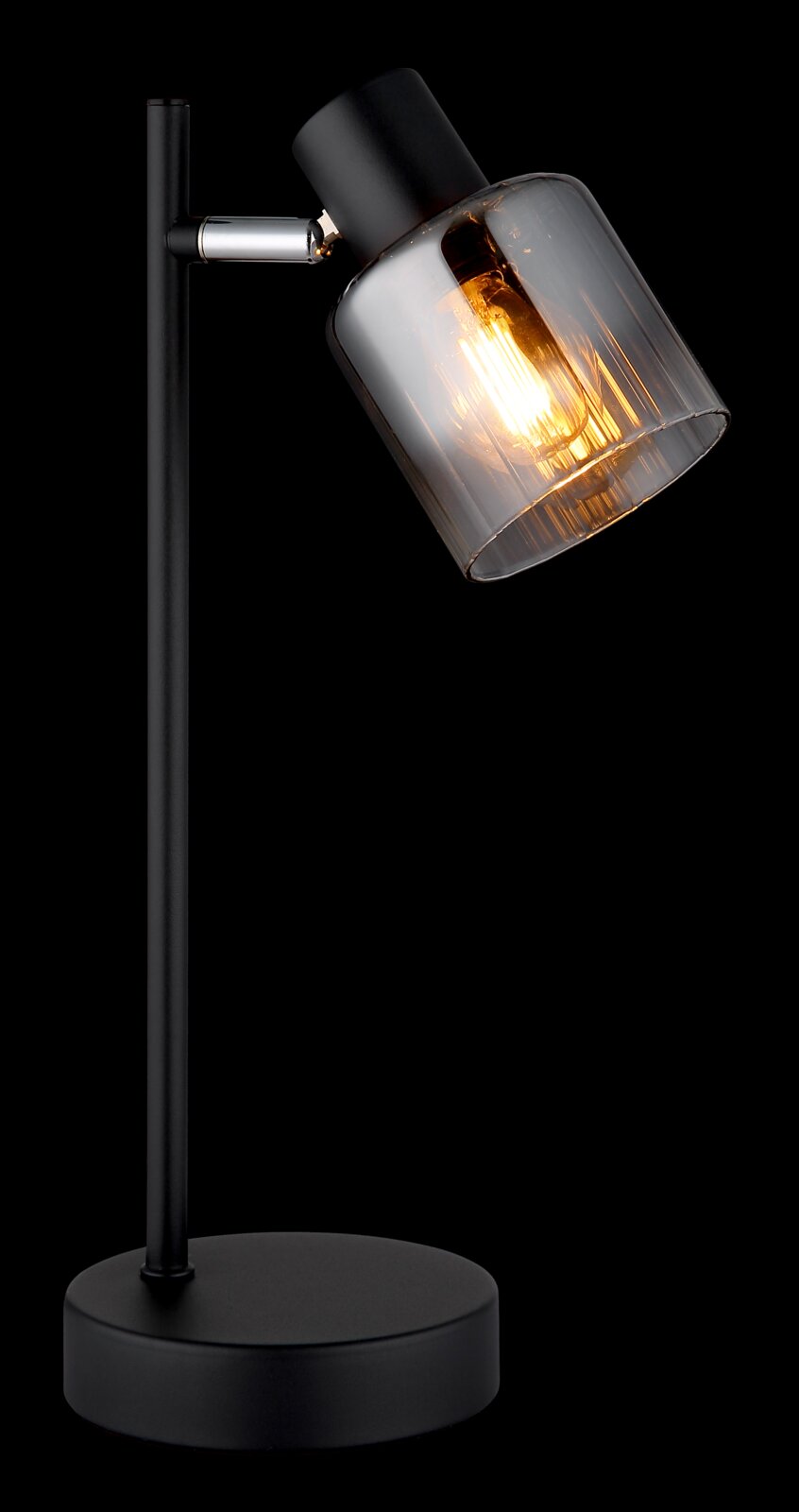 Moderne Tischleuchte mit schwarzem Metallgestell und rauchgrauem Glasschirm, seitliche Perspektive