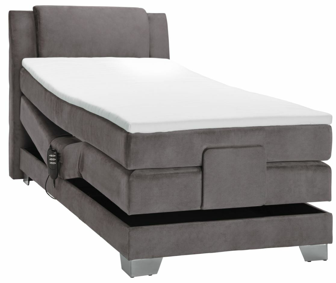 Graues Boxspringbett mit verstellbarer Matratze und Fernbedienung, seitliche Perspektive
