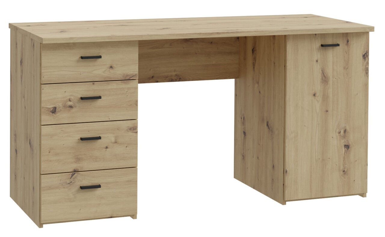 XORA Bureau GOLDSBORO Holzschreibtisch mit vier Schubladen auf der linken Seite und einer Tür auf der rechten Seite, aus einer leicht schrägen Perspektive fotografiert.
