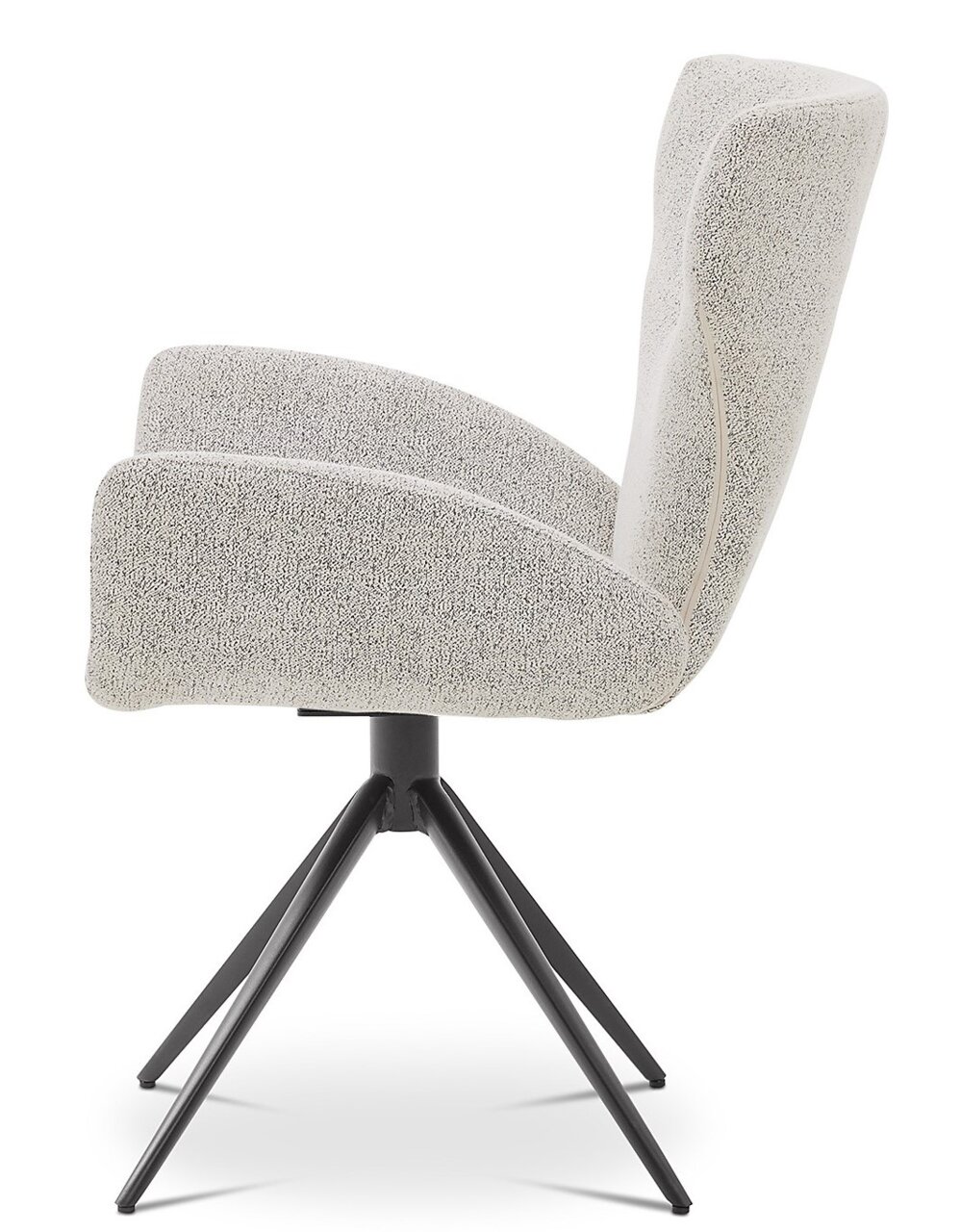 Zijaanzicht van een moderne fauteuil met een lichte stoffen bekleding en een zwart metalen frame.