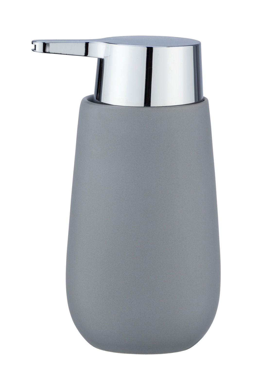 Wenko Keramik Seifenspender BADI Grauer Keramik Seifenspender Badi mit glänzendem Chrom-Pumpkopf, seitliche Perspektive
