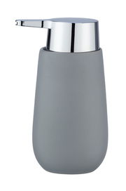 Grauer Keramik Seifenspender Badi mit glänzendem Chrom-Pumpkopf, seitliche Perspektive