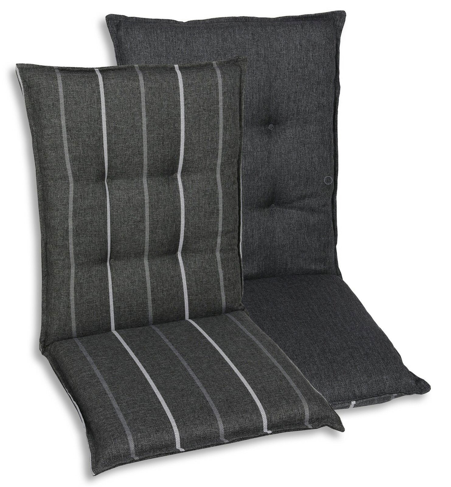 Zwei Sesselauflagen in dunklem Stoff, eine mit Streifenmuster und eine unifarben, aus frontaler Perspektive.