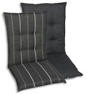 Zwei Sesselauflagen in dunklem Stoff, eine mit Streifenmuster und eine unifarben, aus frontaler Perspektive.