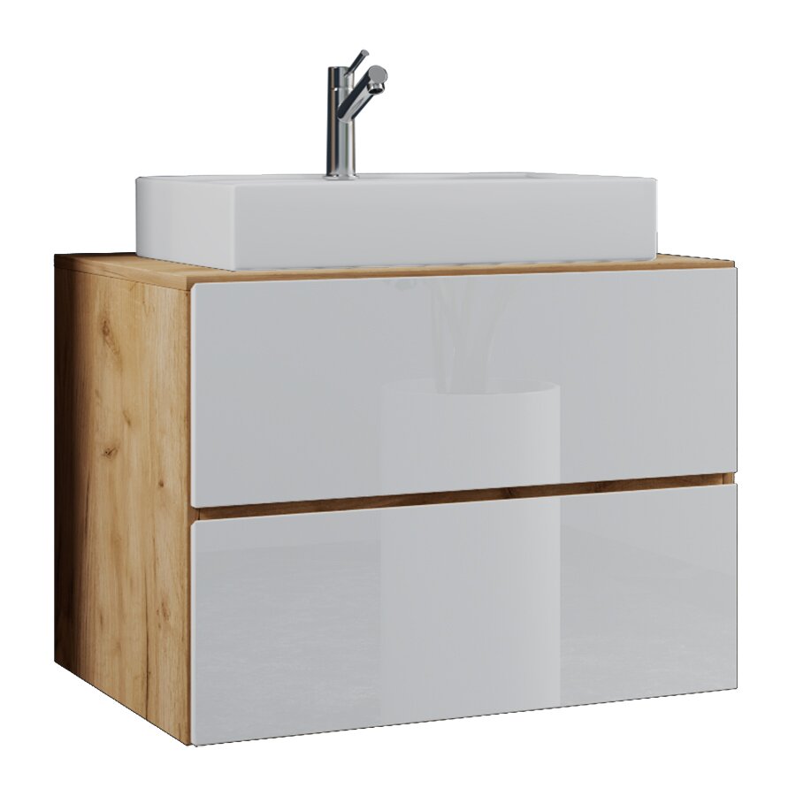 VCM 2-tlg. Badblock LENDAS Modernes Badezimmer-Waschtischset mit weißem Aufsatzwaschbecken und verchromter Armatur auf Holz-Waschtischunterschrank mit zwei weißen Hochglanz-Schubladen, Ansicht schräg von vorne