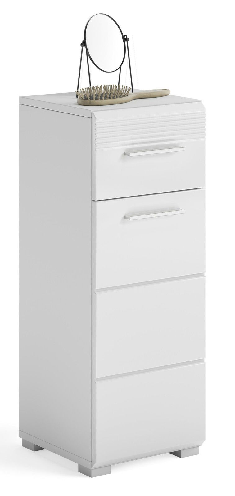 MID.YOU Standschrank LINUS Weißer Standschrank mit vier Schubladen, einer Bürste und einem runden Spiegel auf der Oberseite, seitliche Perspektive