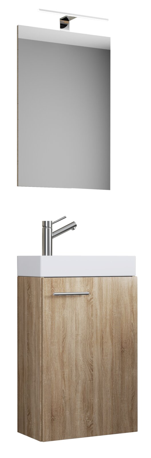 Modernes Badmöbel-Set mit Wandspiegel und LED-Aufbauleuchte sowie Holz-Waschtischunterschrank mit weißem Aufsatzwaschbecken und Edelstahlarmatur, frontal in leichter Perspektive von links dargestellt