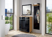 Moderner Eingangsbereich mit einem schwarzen Garderobenpaneel und einem Spiegel, daneben ein eleganter Schuhschrank mit Holz- und Glaselementen. Perspektive von vorne.