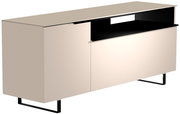 Modernes TV-Lowboard in Beige mit schwarzem Gestell, seitliche Perspektive